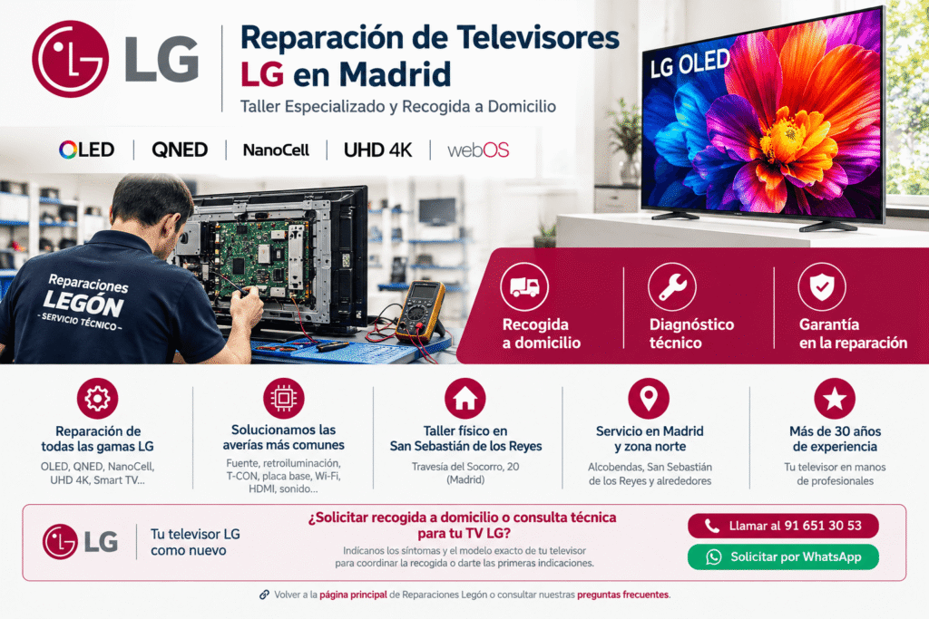 Proceso de reparación de televisores LG en el taller de Reparaciones Legon Madrid