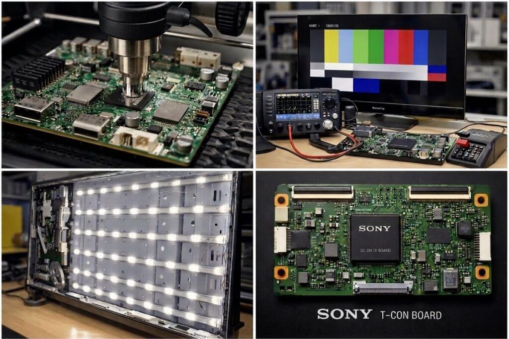 Procesos avanzados de soldadura BGA, diagnóstico con osciloscopio y comprobación de T-Con de Sony BRAVIA en taller.