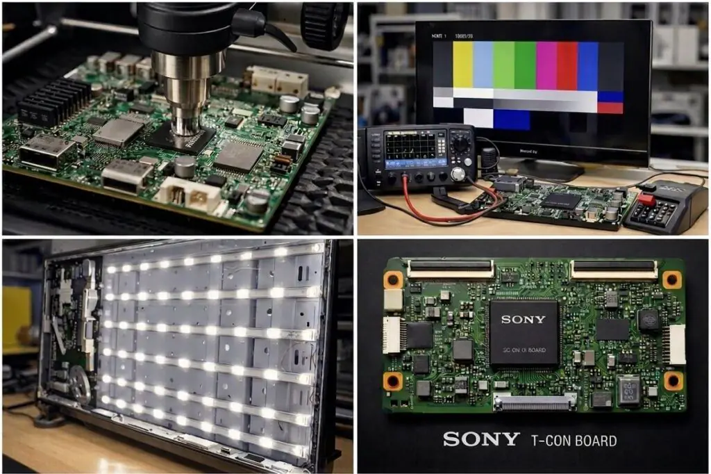 Técnico reparando la placa de un televisor Sony BRAVIA
