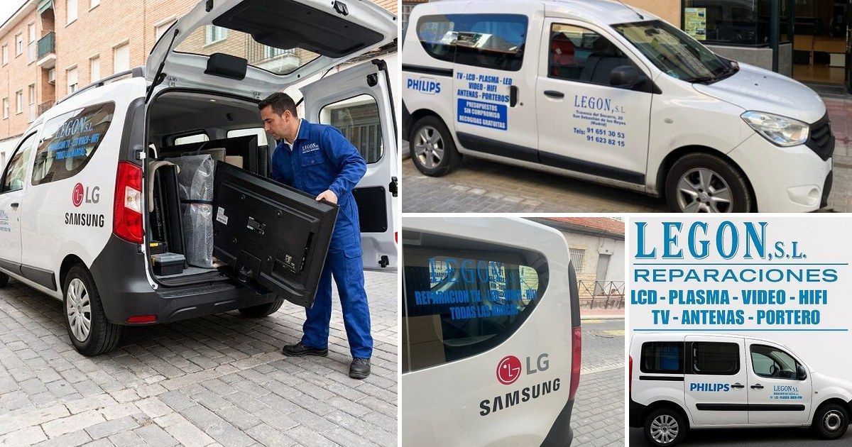 Collage de recogida de televisores a domicilio en Madrid: técnico de Reparaciones Legon cargando un televisor y furgonetas del taller en San Sebastián de los Reyes