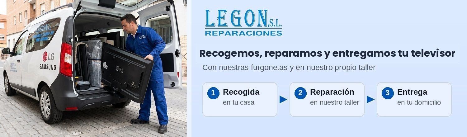 Recogida y entrega de televisores a domicilio: técnico de Reparaciones Legon cargando un televisor en la furgoneta de la empresa, con servicio en taller propio en San Sebastián de los Reyes