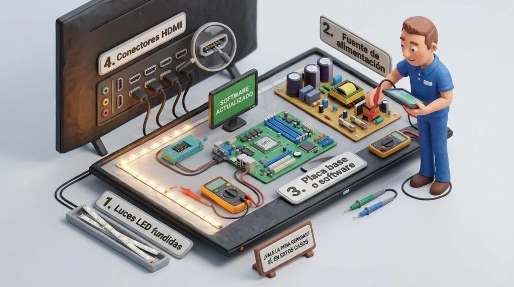 Placa main, HDMI y fuente de alimentación de un televisor