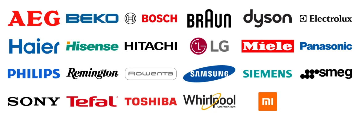 Repuestos de AEG, Beko, Bosch, Braun, Dyson, Electrolux, Haier, Hisense, Hitachi, LG, Miele, Panasonic, Philips, Remington, Rowenta, Samsung, Siemens, Smeg, Sony, Tefal, Toshiba, Whirlpool y Xiaomi