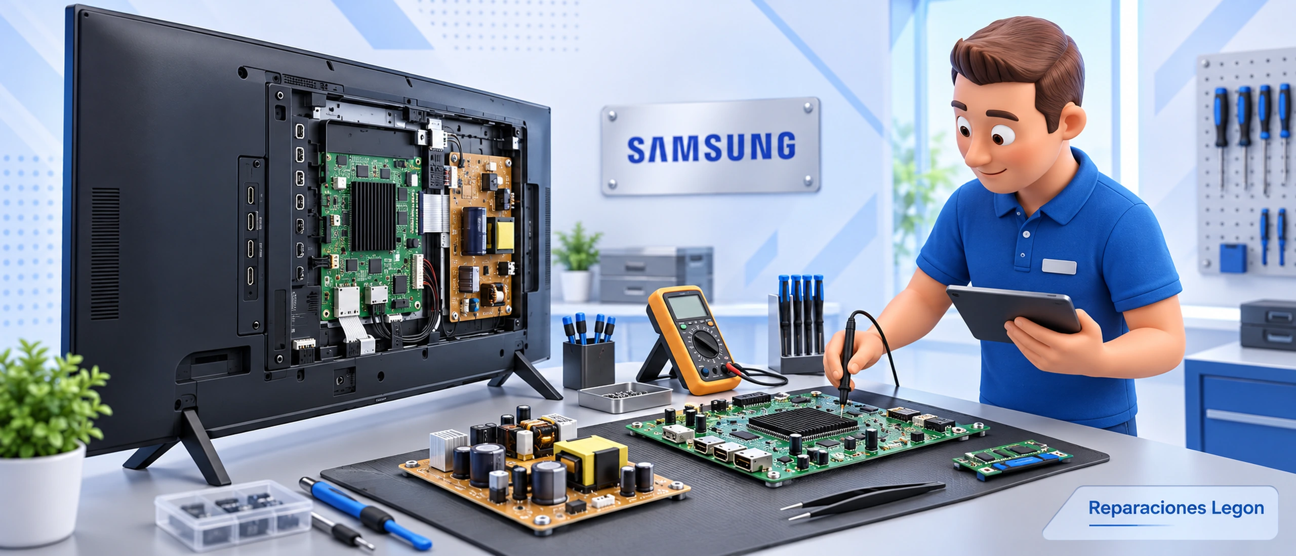 Técnico reparando las placas de un televisor Samsung en un banco de taller
