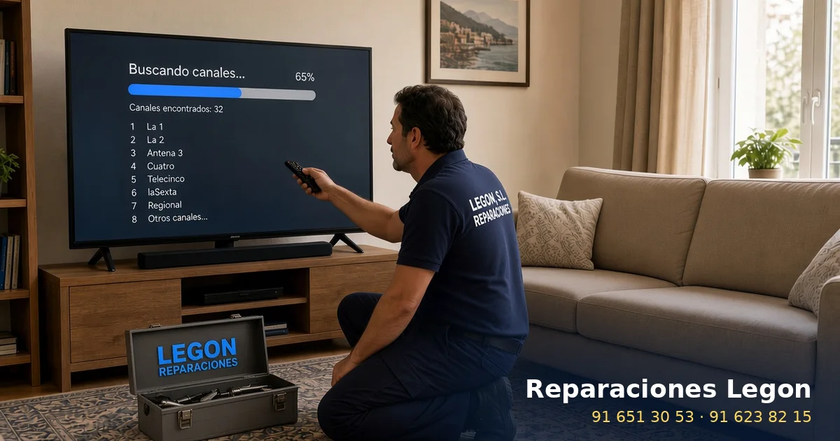 Técnico de Reparaciones Legon resintonizando un televisor a domicilio