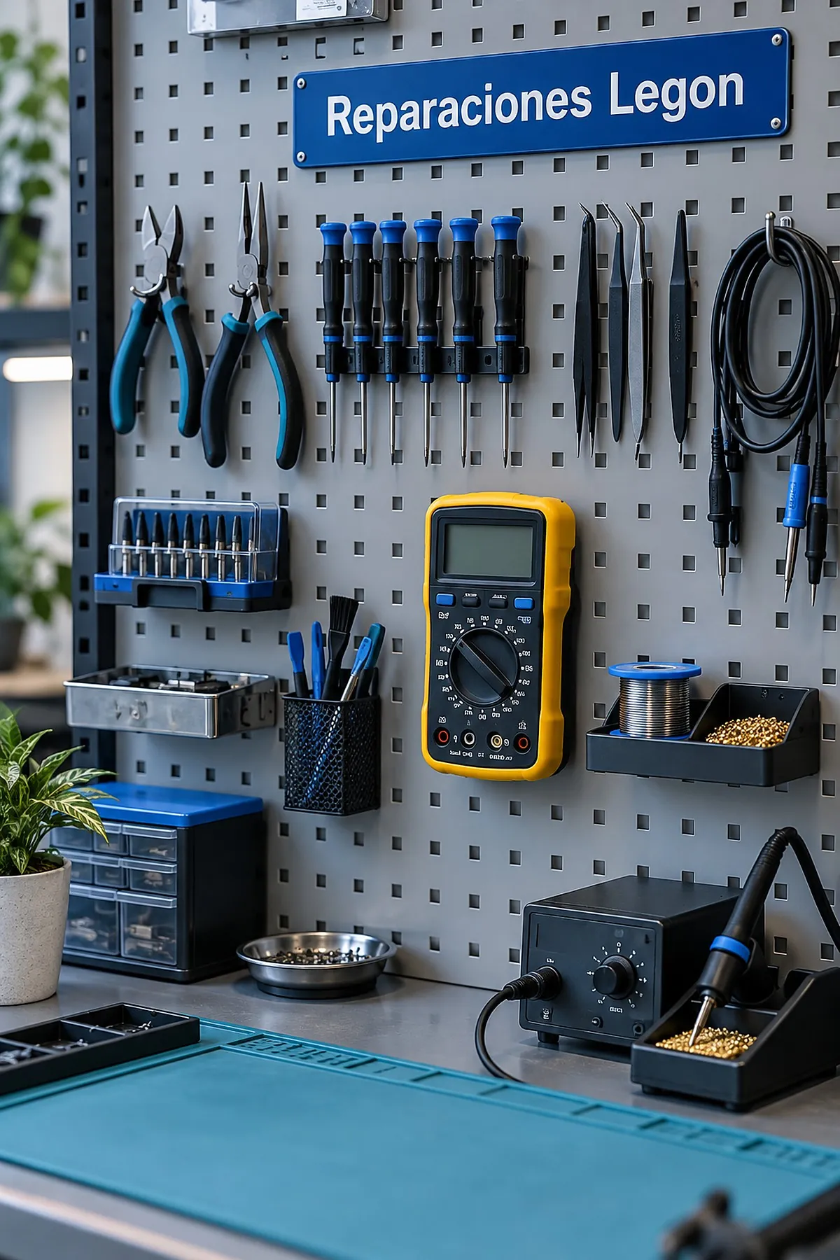 Panel de herramientas del taller de Reparaciones Legon con multímetro y soldador